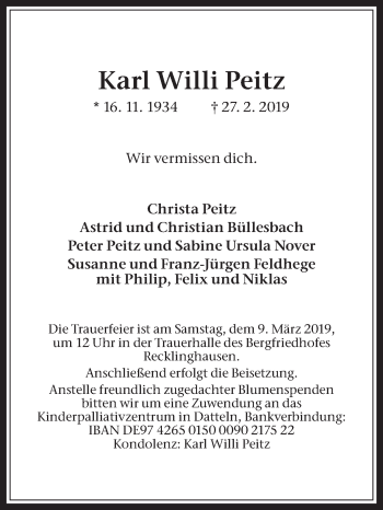 Traueranzeige von Karl Willi Peitz von Medienhaus Bauer
