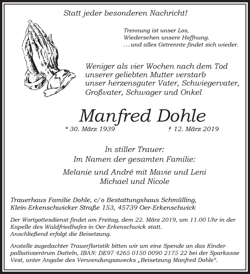  Traueranzeige für Manfred Dohle vom 16.03.2019 aus Medienhaus Bauer