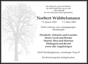 Traueranzeige von Norbert Wübbelsmann von Medienhaus Bauer