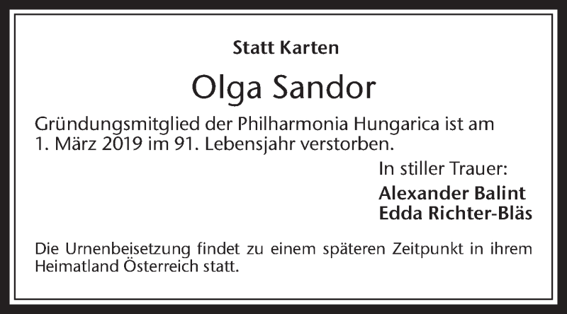  Traueranzeige für Olga Sandor vom 07.03.2019 aus Medienhaus Bauer