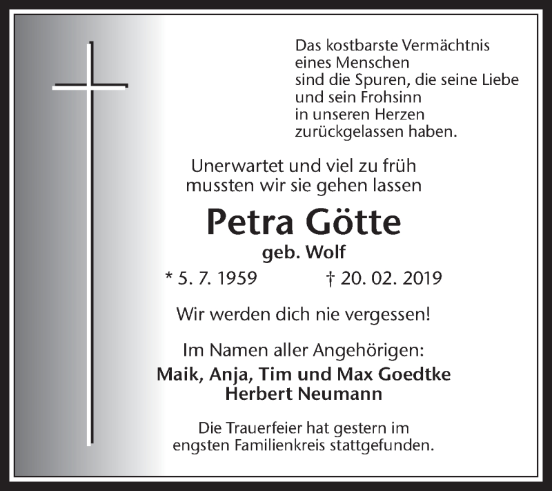  Traueranzeige für Petra Götte vom 02.03.2019 aus Medienhaus Bauer