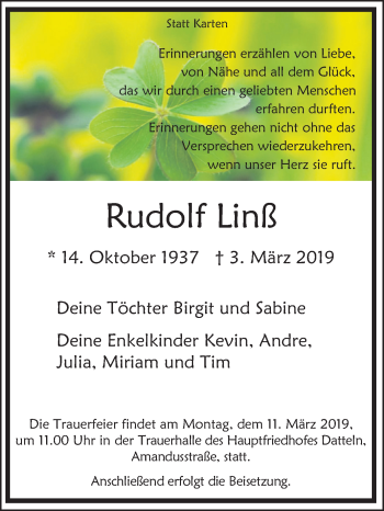 Traueranzeige von Rudolf Linß von Medienhaus Bauer