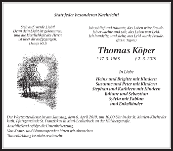 Traueranzeige von Thomas Köper von Medienhaus Bauer