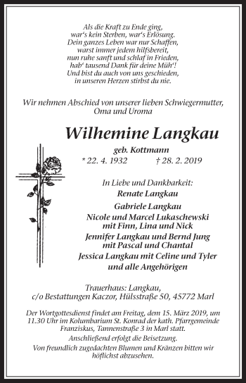 Traueranzeige von Wilhemine Langkau von Medienhaus Bauer