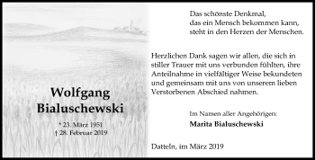 Traueranzeige von Wolfgang Bialuschewski von Medienhaus Bauer