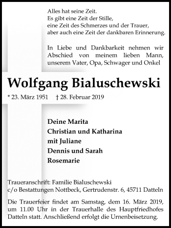 Traueranzeige von Wolfgang Bialuschewski von Medienhaus Bauer