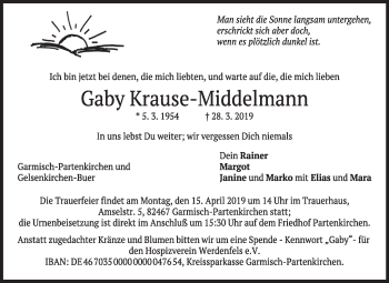 Traueranzeige von Gaby Krause-Middelmann von Medienhaus Bauer