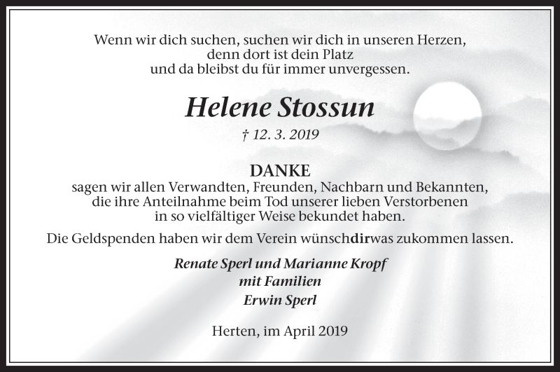  Traueranzeige für Helene Stossun vom 06.04.2019 aus Medienhaus Bauer