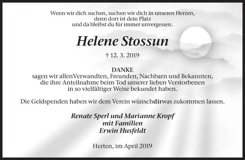  Traueranzeige für Helene Stossun vom 08.04.2019 aus Medienhaus Bauer