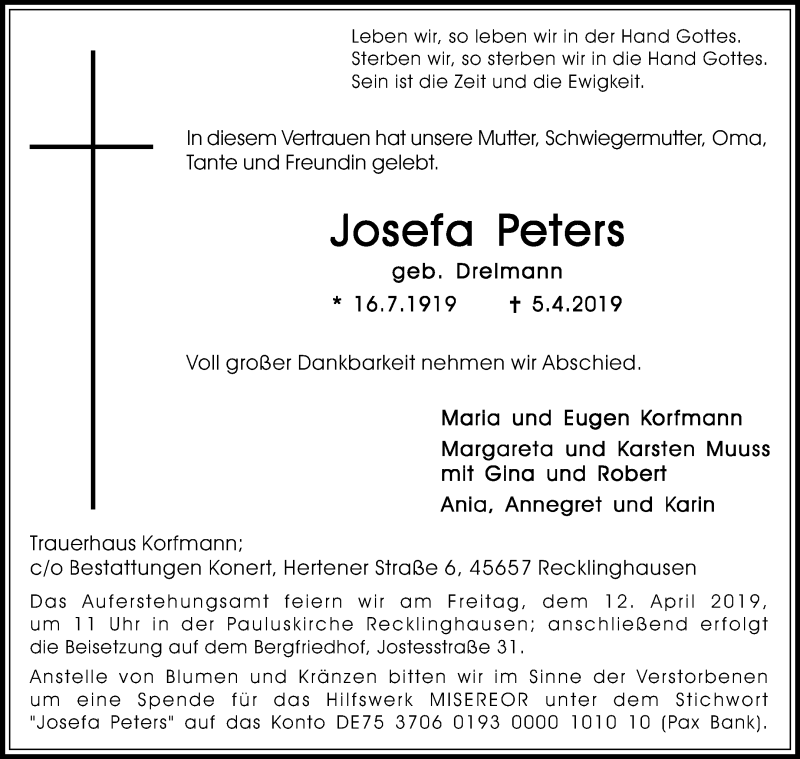  Traueranzeige für Josefa Peters vom 10.04.2019 aus Medienhaus Bauer