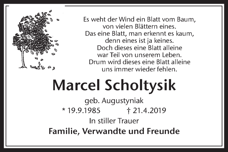  Traueranzeige für Marcel Scholtysik vom 24.04.2019 aus Medienhaus Bauer