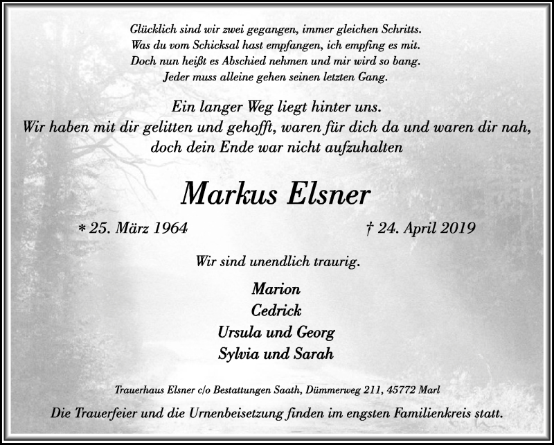  Traueranzeige für Markus Elsner vom 27.04.2019 aus Medienhaus Bauer