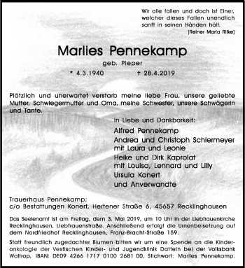 Traueranzeige von Marlies Pennekamp von Medienhaus Bauer