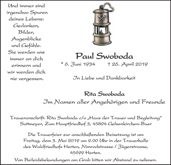 Traueranzeige von Paul Swoboda von Medienhaus Bauer