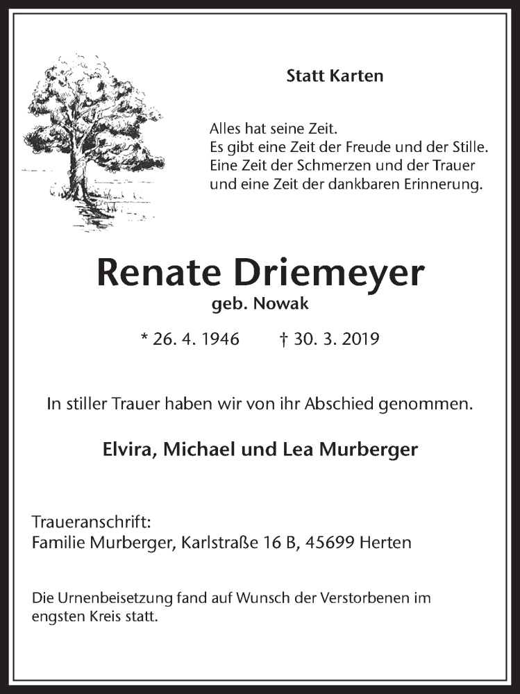  Traueranzeige für Renate Driemeyer vom 11.04.2019 aus Medienhaus Bauer