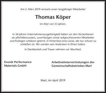 Traueranzeige von Thomas Köper von Medienhaus Bauer