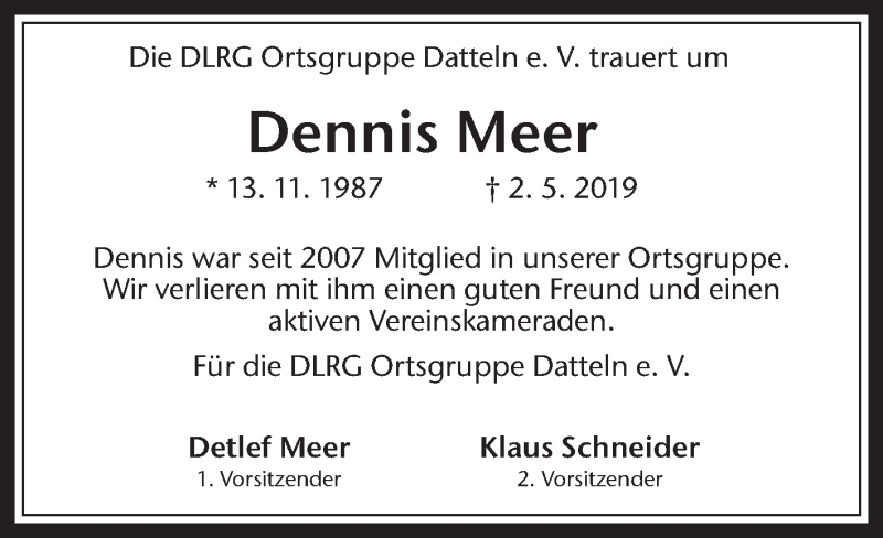  Traueranzeige für Dennis Meer vom 04.05.2019 aus Medienhaus Bauer