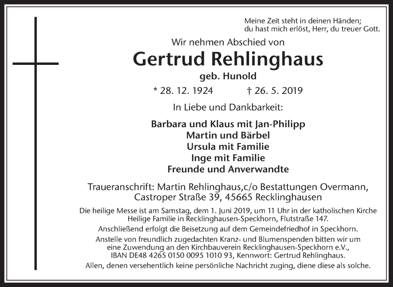  Traueranzeige für Gertrud Rehlinghaus vom 29.05.2019 aus Medienhaus Bauer