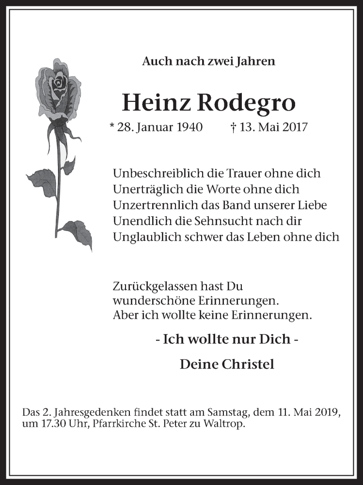  Traueranzeige für Heinz Rodegro vom 11.05.2019 aus Medienhaus Bauer