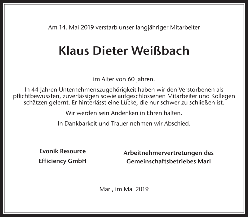  Traueranzeige für Klaus Dieter Weißbach vom 29.05.2019 aus Medienhaus Bauer