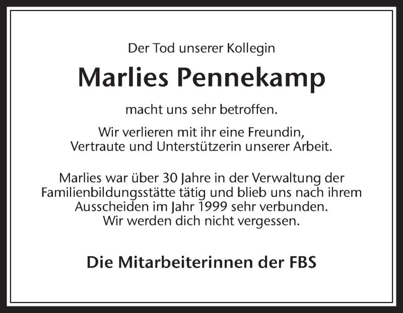  Traueranzeige für Marlies Pennekamp vom 04.05.2019 aus Medienhaus Bauer