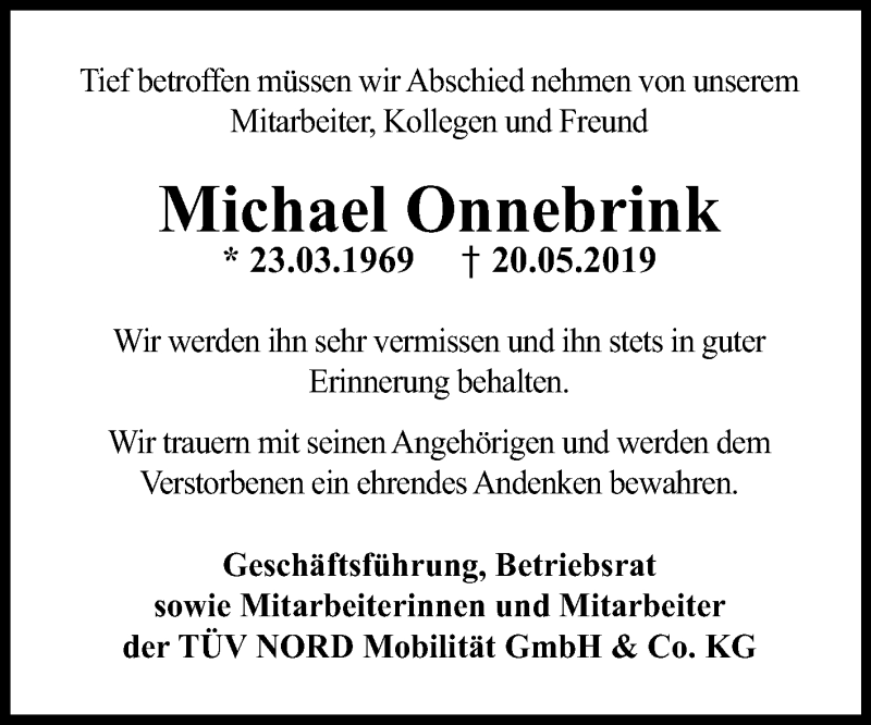  Traueranzeige für Michael Onnebrink vom 25.05.2019 aus Medienhaus Bauer