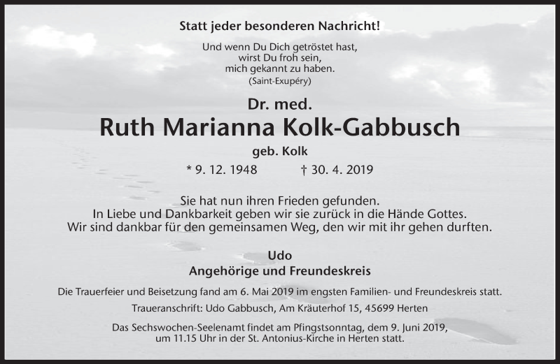  Traueranzeige für Ruth Marianna Kolk-Gabbusch vom 11.05.2019 aus Medienhaus Bauer