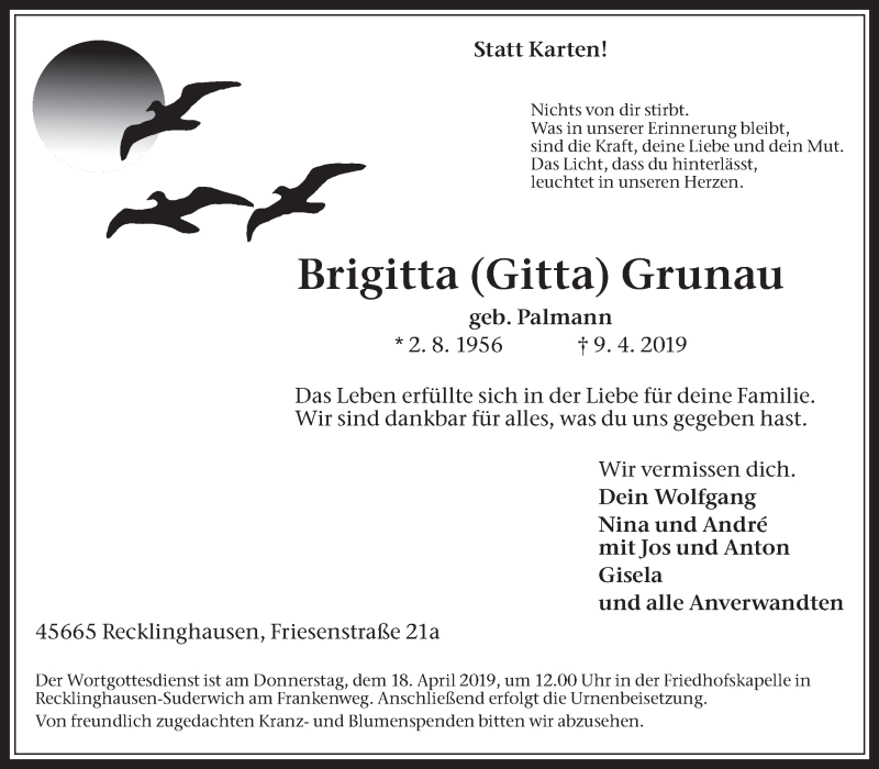  Traueranzeige für Britta Grunau vom 13.04.2019 aus Medienhaus Bauer