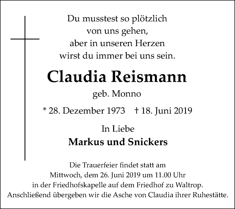  Traueranzeige für Claudia Reismann vom 22.06.2019 aus Medienhaus Bauer