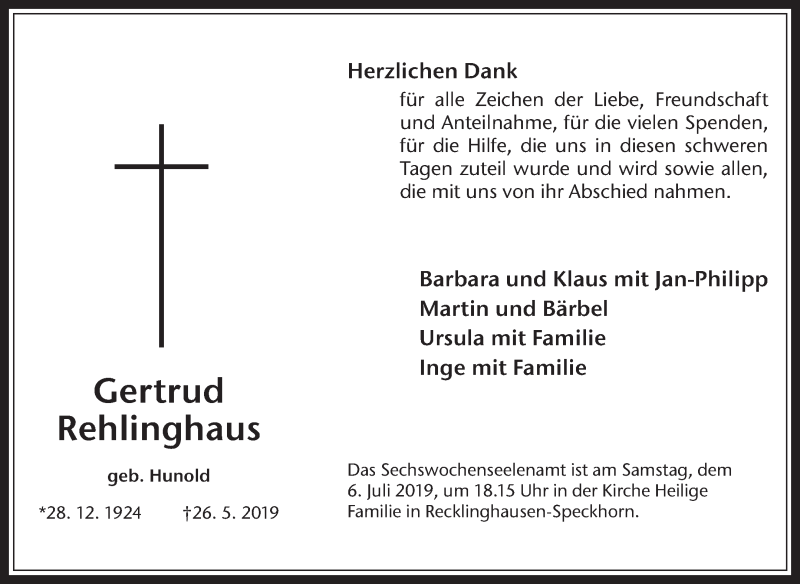  Traueranzeige für Gertrud Rehlinghaus vom 29.06.2019 aus Medienhaus Bauer