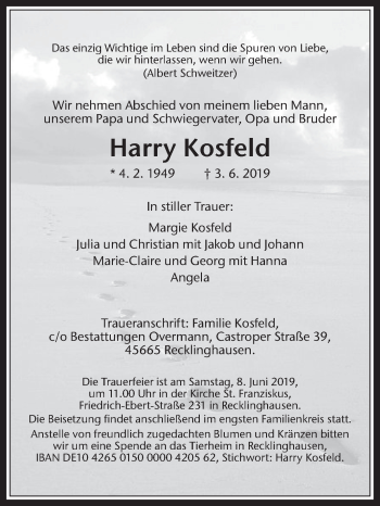 Traueranzeige von Harry Kosfeld von Medienhaus Bauer