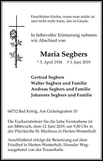 Traueranzeige von Maria Segbers von Medienhaus Bauer