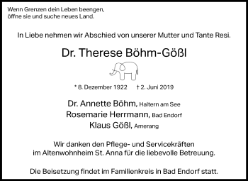 Traueranzeige von Therese Böhm-Gößl von Medienhaus Bauer