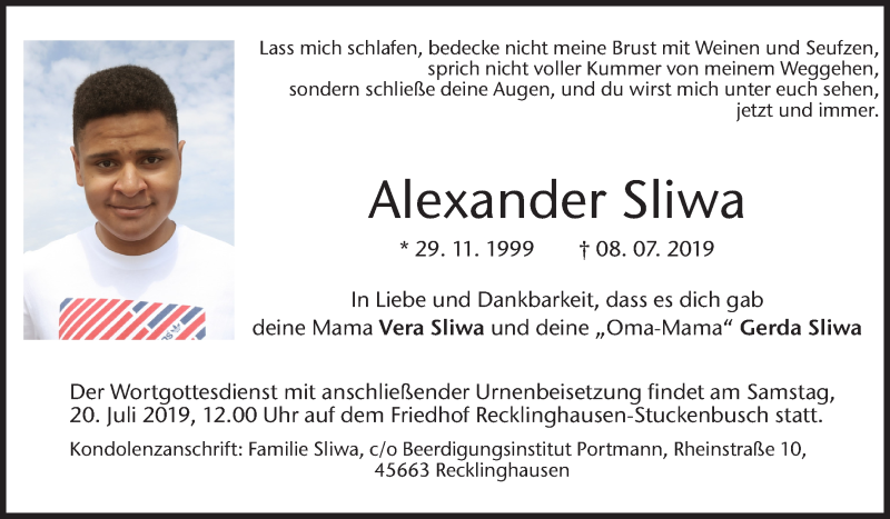  Traueranzeige für Alexander Sliwa vom 20.07.2019 aus Medienhaus Bauer