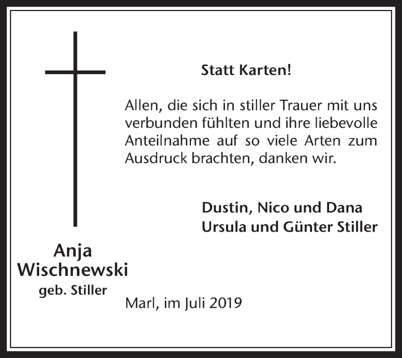  Traueranzeige für Anja Wischnewski vom 10.07.2019 aus Medienhaus Bauer