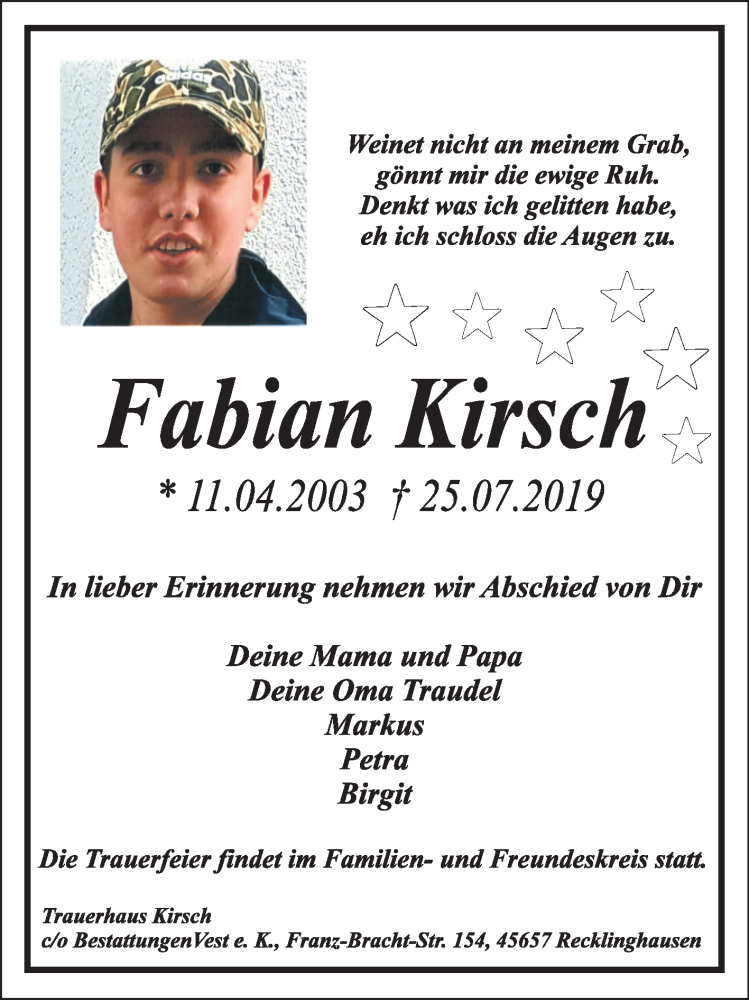  Traueranzeige für Fabian Kirsch vom 31.07.2019 aus Medienhaus Bauer