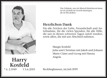 Traueranzeige von Harry Kosfeld von Medienhaus Bauer