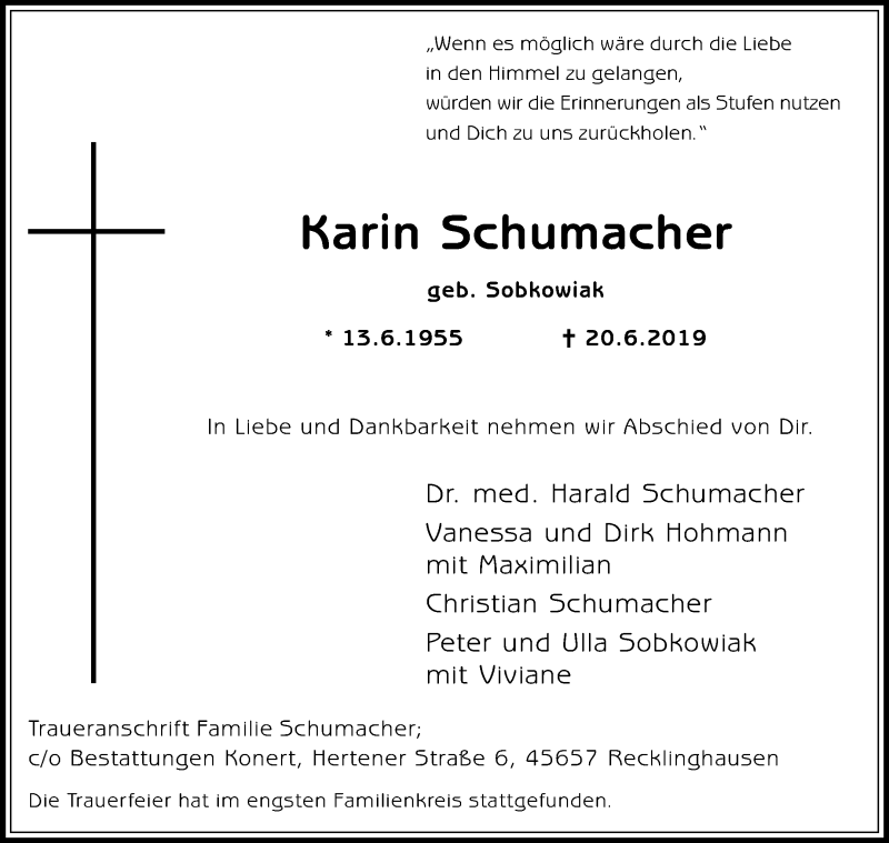  Traueranzeige für Karin Schumacher vom 27.07.2019 aus Medienhaus Bauer