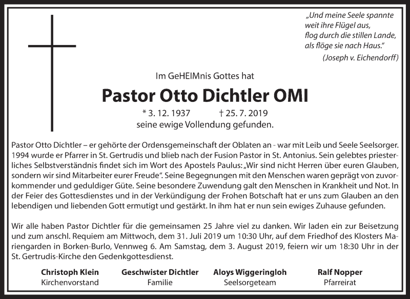  Traueranzeige für Otto Dichtler vom 30.07.2019 aus Medienhaus Bauer