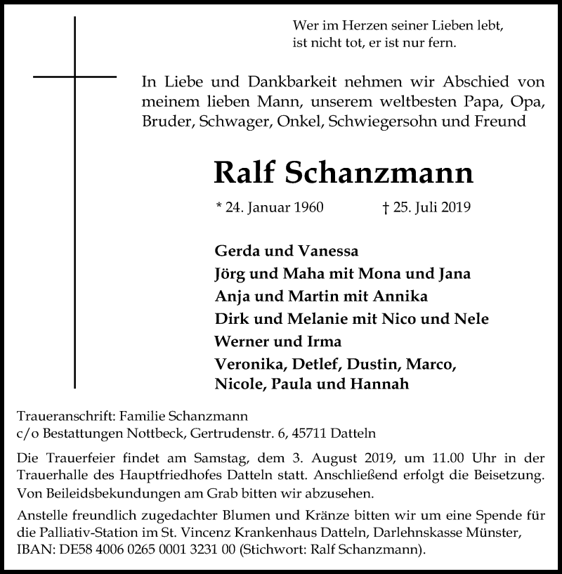  Traueranzeige für Ralf Schanzmann vom 31.07.2019 aus Medienhaus Bauer