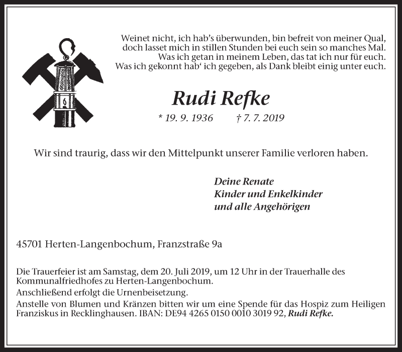  Traueranzeige für Rudi Refke vom 10.07.2019 aus Medienhaus Bauer
