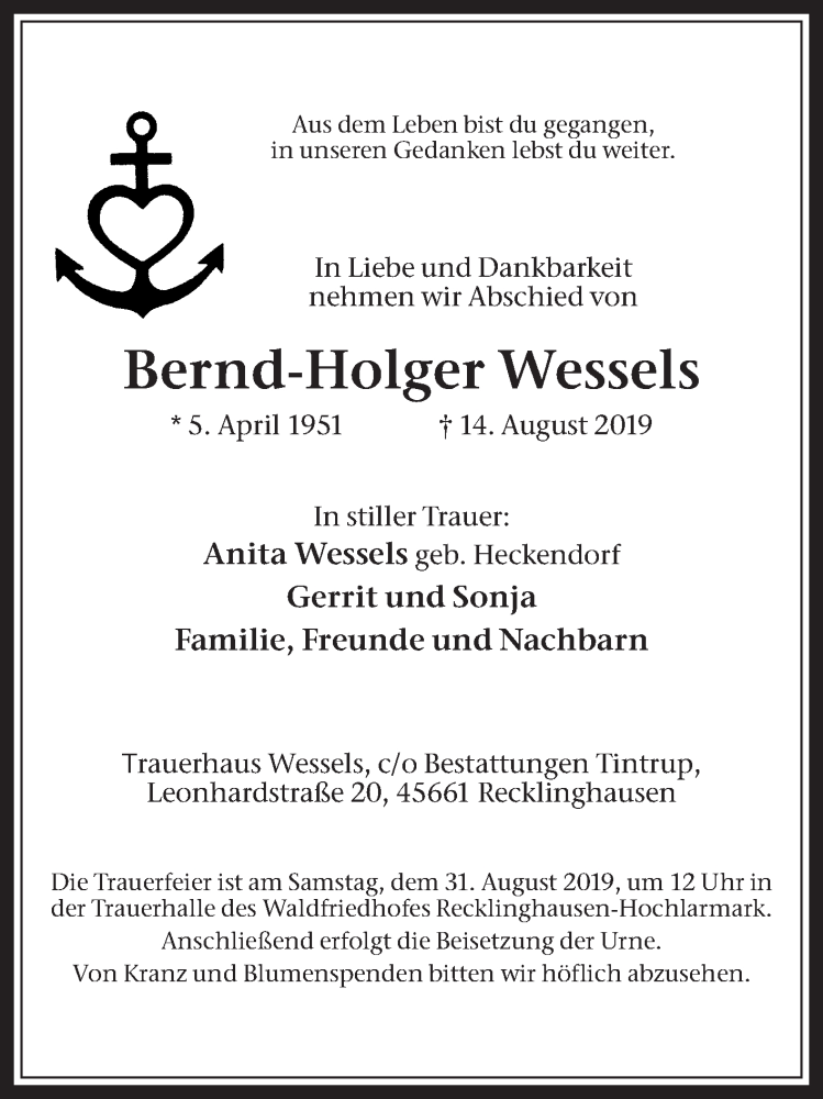  Traueranzeige für Bernd-Holger Wessels vom 24.08.2019 aus Medienhaus Bauer
