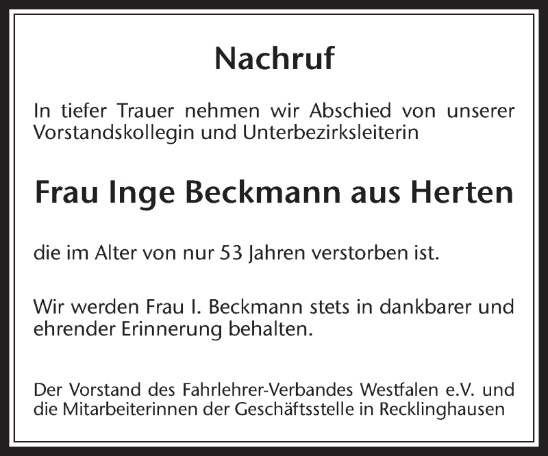  Traueranzeige für Inge Beckmann vom 24.08.2019 aus Medienhaus Bauer