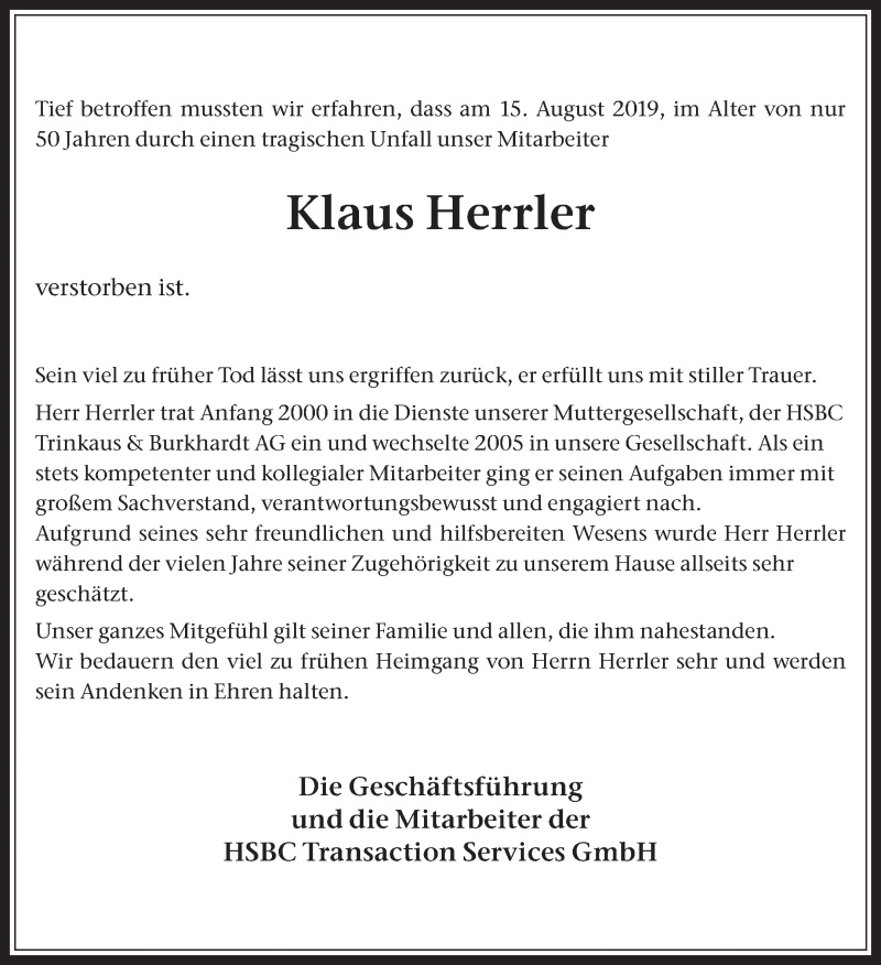  Traueranzeige für Klaus Jürgen Herrler vom 26.08.2019 aus Medienhaus Bauer