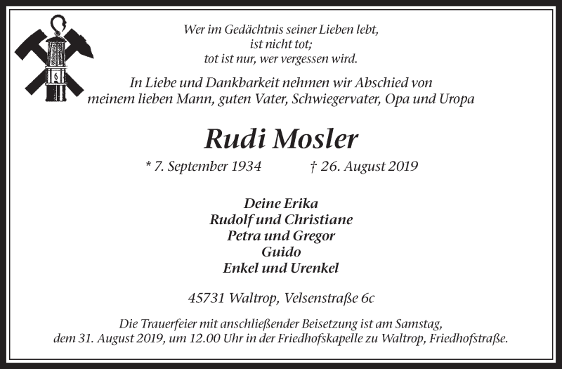  Traueranzeige für Rudi Mosler vom 28.08.2019 aus Medienhaus Bauer