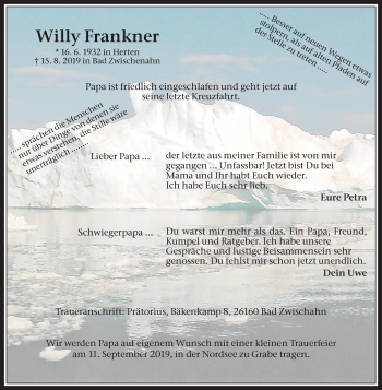 Traueranzeige von Willy Frankner von Medienhaus Bauer