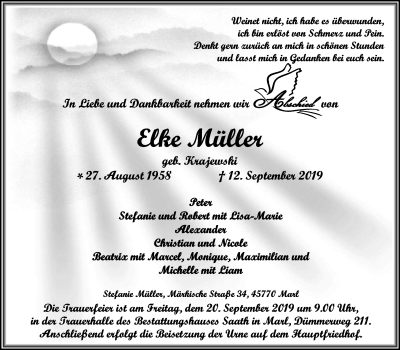  Traueranzeige für Elke Müller vom 14.09.2019 aus Medienhaus Bauer