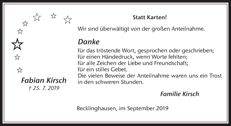  Traueranzeige für Fabian Kirsch vom 14.09.2019 aus Medienhaus Bauer
