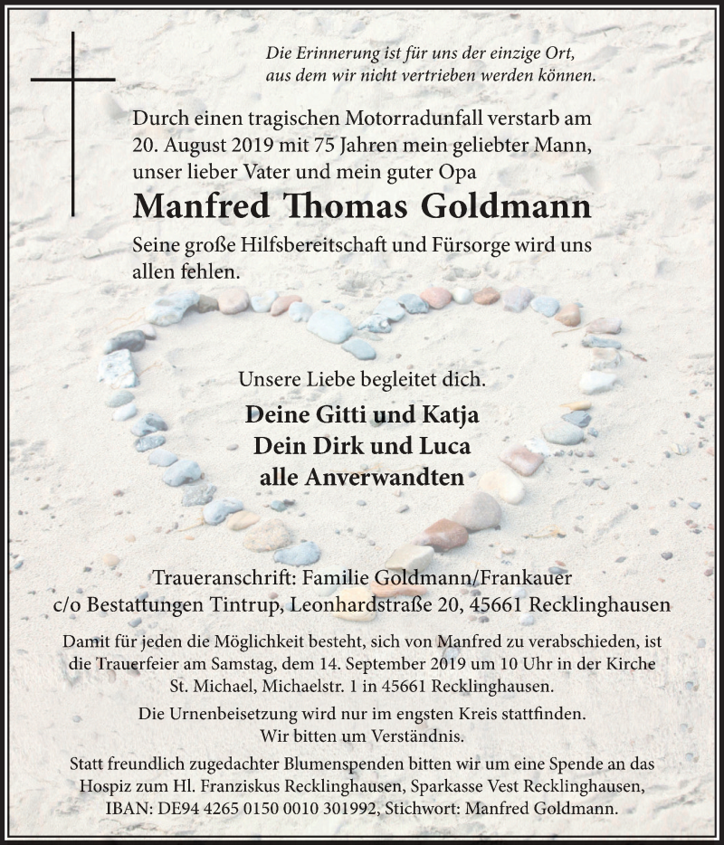  Traueranzeige für Manfred Thomas Goldmann vom 07.09.2019 aus Medienhaus Bauer