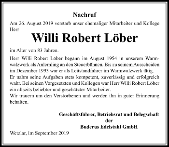 Traueranzeige von Willi Robert Löber von 201 WNZ - Wetzlarer Neue Zeitung (110)